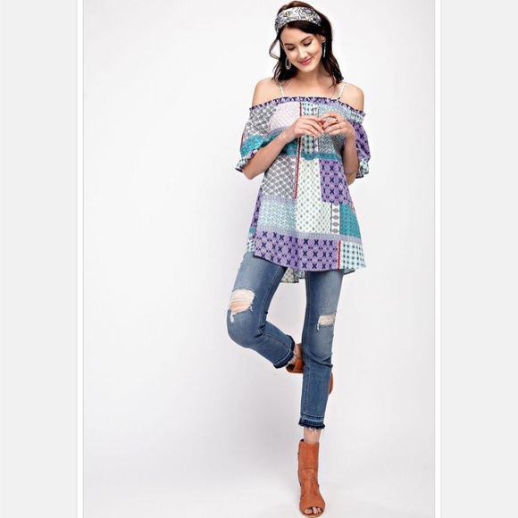 Patchwork Off-Shoulder Top - Picture 2 of 5